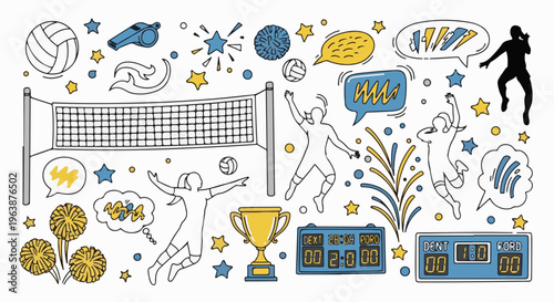 A doodle collage celebrating volleyball with players, net, trophy, scoreboards, and celebratory elements