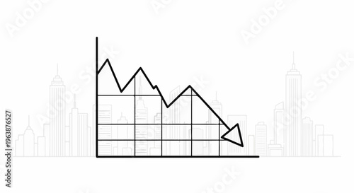 A downward trending graph with an arrow points to a city skyline