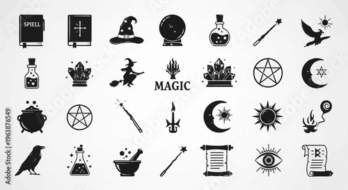 A collection of mystical and magical black silhouette icons