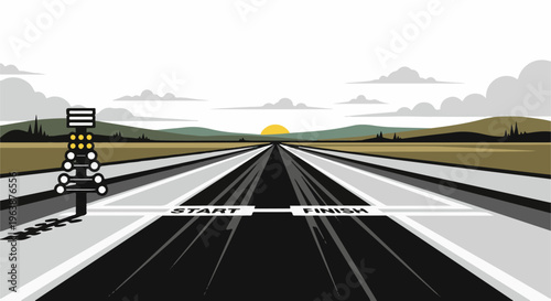 A drag racing start line with a light tree and a distant sunset over hills