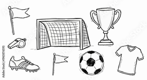 A collection of sketched soccer game elements including a ball, goal, trophy, and gear