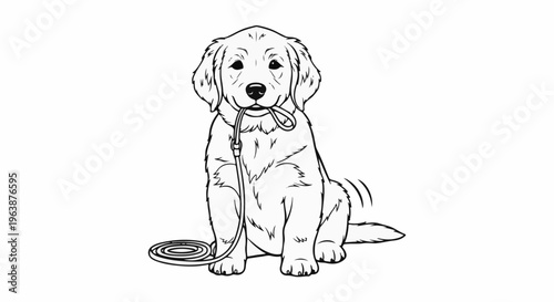 A drawing of a happy golden retriever puppy holding a leash in its mouth, ready for a walk