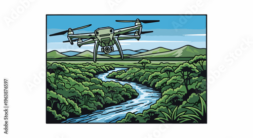 A drone hovers above a winding river through lush green trees, with mountains beyond