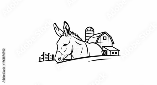 A farm scene featuring a donkey in the foreground with a barn and silo behind