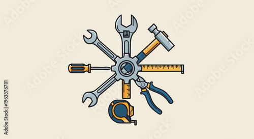 A colorful arrangement of various tools radiating from a central gear