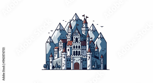 A fantastical castle stands before a range of snow-capped mountains, depicted in a stylized manner