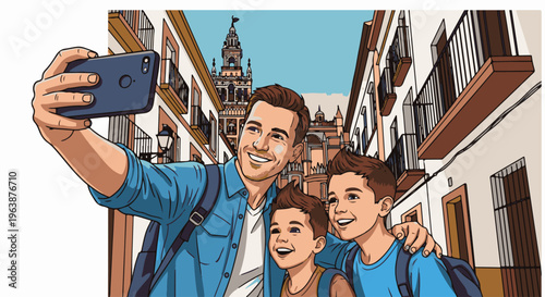 A father and his two sons take a joyful selfie in a European city