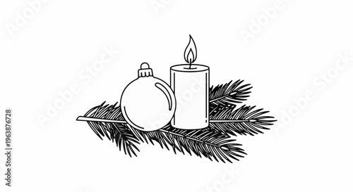 A festive arrangement of a lit candle, ornament, and pine branches