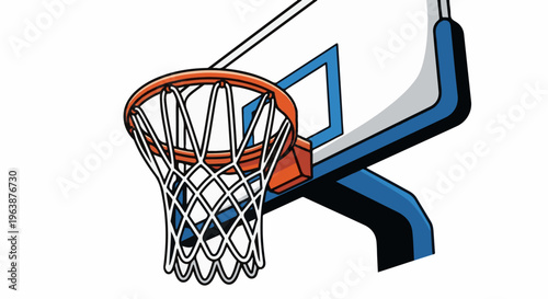 A colorful basketball hoop with a white net and orange rim against a white background