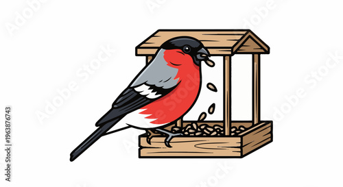 A colorful bird with red breast eats seeds from a wooden feeder