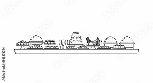 A festive buffet spread featuring a tiered cake, fruits, and covered dishes