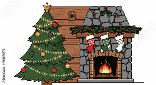 A festive fireplace with a decorated Christmas tree beside it