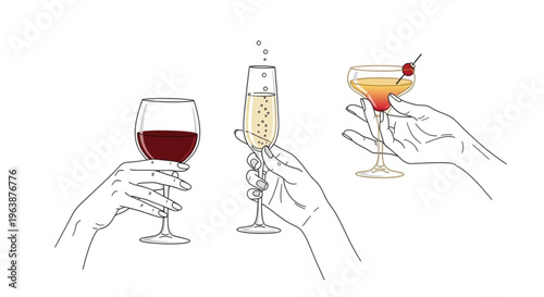 Elegant Toasting: A refined illustration captures three hands each gracefully holding a different alcoholic beverage, a red wine, champagne, and a cocktail, conveying a sense of celebration.