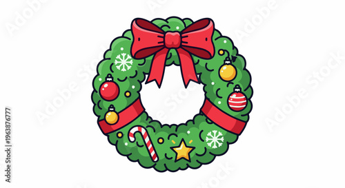 A festive green Christmas wreath adorned with ornaments, a bow, and candy cane