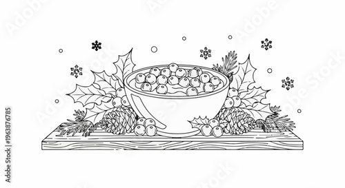 A festive holiday arrangement with a bowl of berries, pinecones, holly, and snowflakes