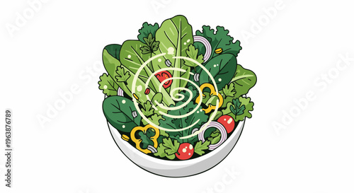 A colorful cartoon bowl of fresh salad with leafy greens and vegetables
