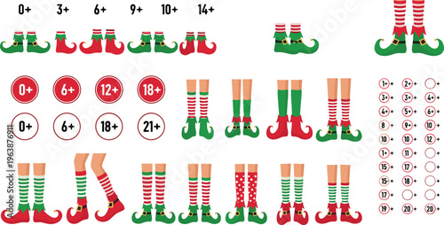 Christmas Elf Socks and Legs Set with Age Rating Icons, 0+, 6+, 12+, 18+, and 21+, Festive Holiday Designs for Digital Media, Apps, and Website Use