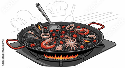 A colorful seafood paella cooking in a pan over a gas burner