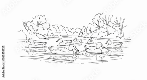 A flock of ducks swims peacefully on a tranquil lake, surrounded by lush trees