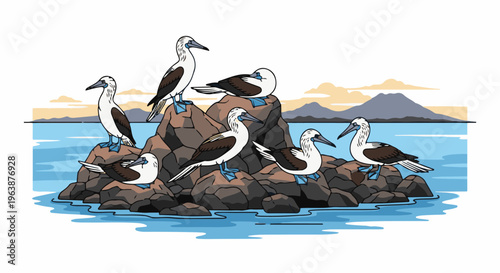 A flock of blue-footed boobies perched on rocky outcrops in the ocean