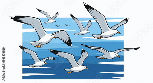 A flock of seagulls soar and glide over a stylized blue ocean and sky