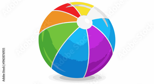 A colorful, segmented inflatable sphere with a white center, casting a soft shadow