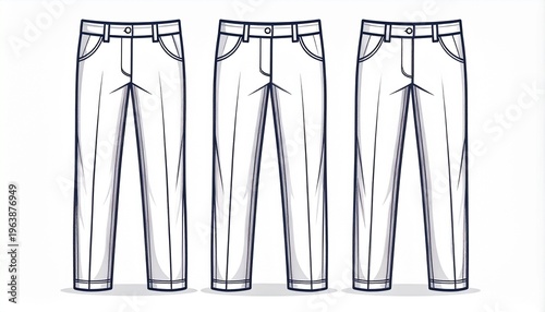 Vector illustration featuring a trio of men's pant styles, highlighting variations in cut and design suitable for fashion projects and clothing concepts