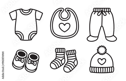 Infant outfit illustrations including romper bib pants booties socks and knitted cap with heart motif line art.