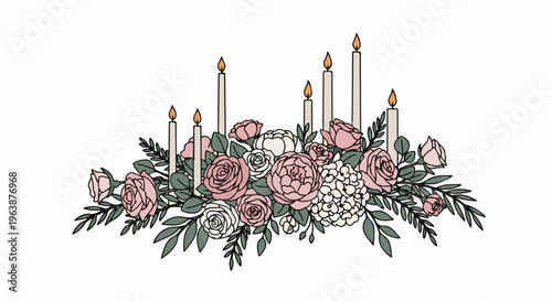 A floral arrangement with seven lit candles and various pink and white blooms