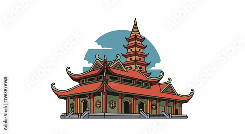 A pixelated, cartoonish illustration of a multi-tiered, red-roofed pagoda with clouds