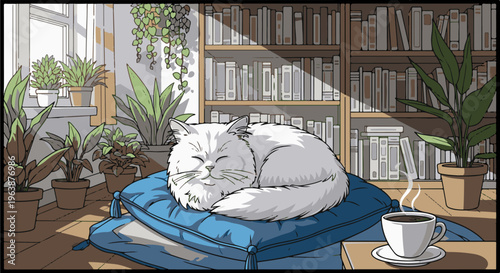 A fluffy white cat naps peacefully on a blue cushion in a sunlit room