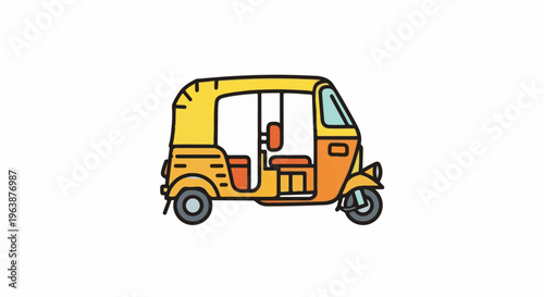 A colorful, simplified cartoon illustration of a three-wheeled auto rickshaw vehicle