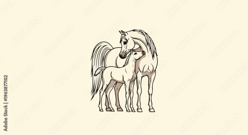 Fototapeta premium A gentle mother horse and her foal stand closely together