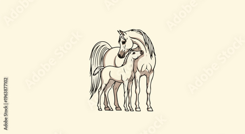 A gentle mother horse and her foal stand closely together