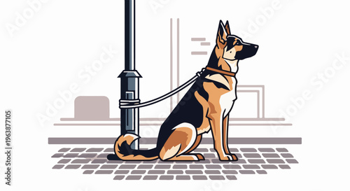 A German Shepherd dog sits patiently on a cobblestone path, tied to a lamppost