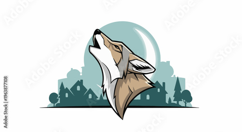 A coyote howls at the moon over a silhouetted town