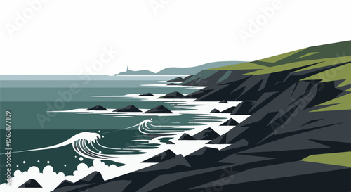 A pixelated coastal landscape with waves crashing on rocky shores and distant hills