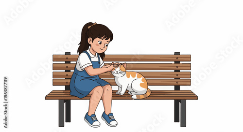 A girl gently pets an orange and white cat while sitting on a park bench