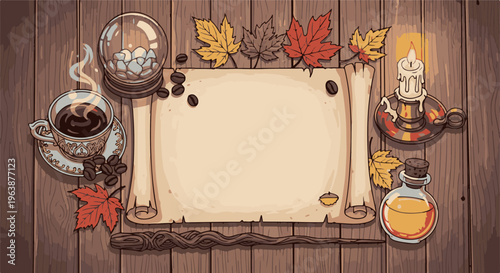 A cozy autumn scene with coffee, a candle, and a scroll on wood