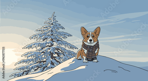 A cozy corgi wears a scarf on a snowy hill beside a frosted pine tree