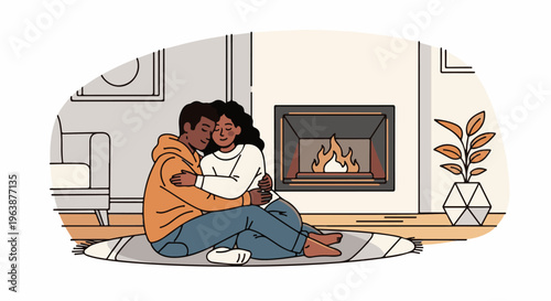 A cozy couple embraces by a warm fireplace in a serene living room