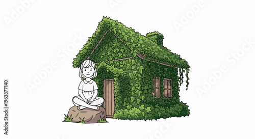 A girl sits cross-legged on a rock beside a house overgrown with lush green foliage