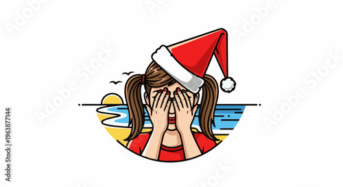 A girl wearing a Santa hat covers her eyes at a beach during sunset