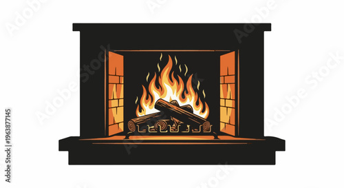 A cozy fireplace with burning logs and glowing embers