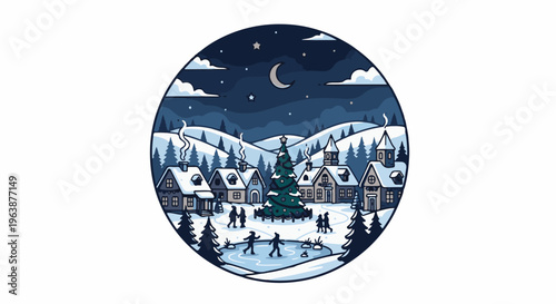 A cozy winter village scene with ice skating, a Christmas tree, and snowy houses