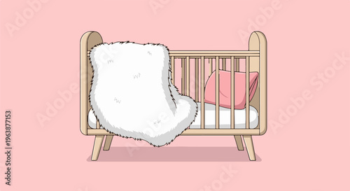 A cozy wooden crib is adorned with a fluffy white blanket and a pink pillow