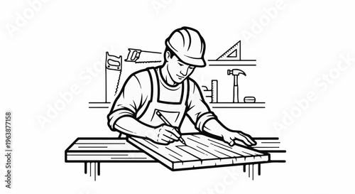 A craftsman measures and marks wood with a pencil at his workbench