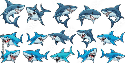 Diverse Collection of Shark Logos in Various Shades of Blue, Aggressive Mascot Designs for Sports, Branding, and Digital Media Projects