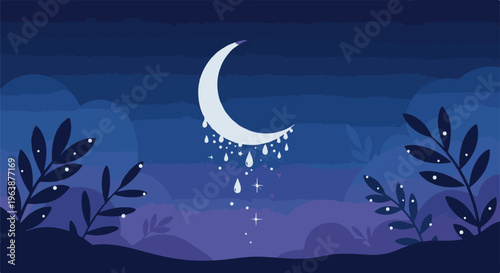 A crescent moon drips tears and stars onto a dark landscape with foliage