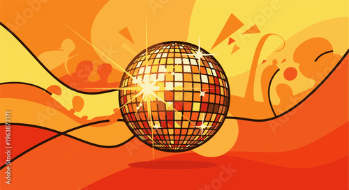 A glittering disco ball sparkles amidst abstract orange and yellow shapes, suggesting celebration